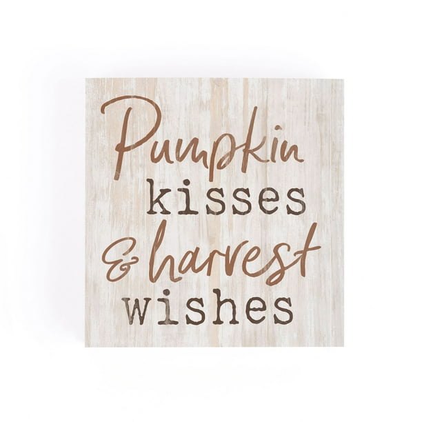 P GRAHAM DUNN Pumpkin Kisses Harvest Wishes Whitewash 3.5 x 3.5 Inch Pine Wood Tabletop Block Sign 